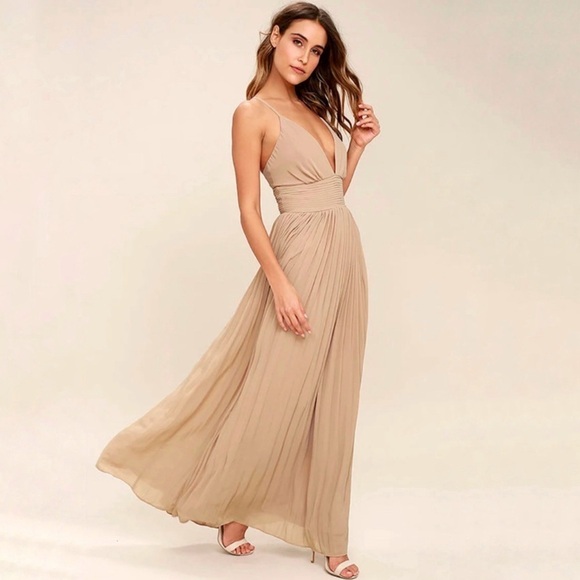 NWT Lulus Depths of My Love Pleated Maxi Dress Nude Small - Picture 1 of 14